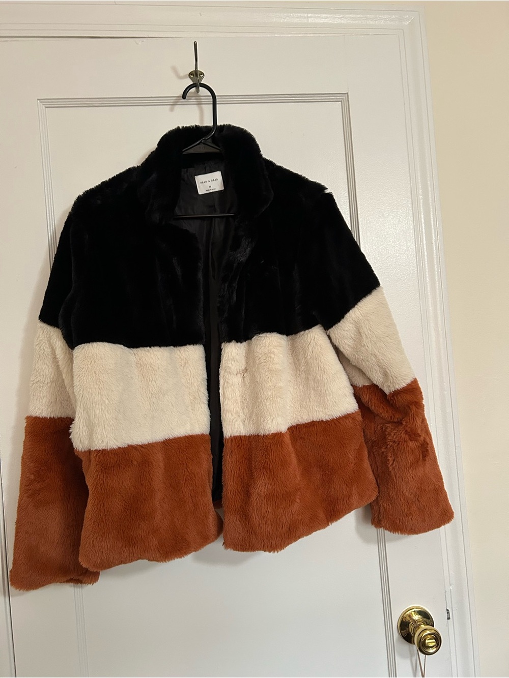 a new day Colorblock Faux Fur Jacket in Black, Cream & Rust